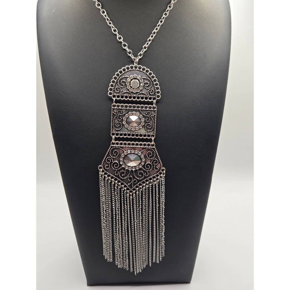 Boho Silver Tone Filigree Rhinestone Tiered Fringe Statement Necklace